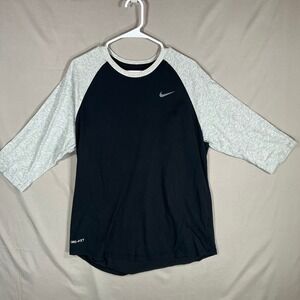 Nike Dri-FIT Raglan Tee Mens Large Black Gray 3/4 Sleeve Swoosh Athletic